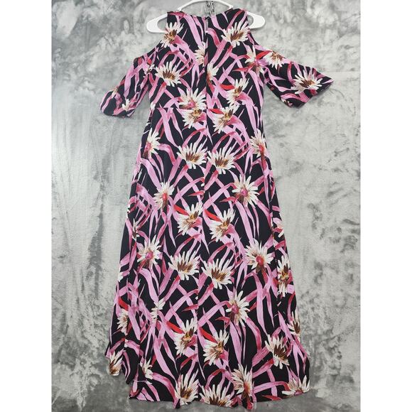 Who What Wear Dress Womens M Pink Black Floral Cold Shoulder High Low Hem Midi - Picture 3 of 12